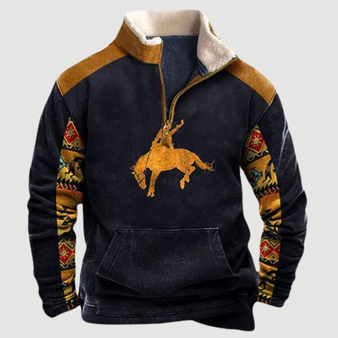 Cozy men's vintage fleece jumper, zip-up winter wear for warmth & comfort.