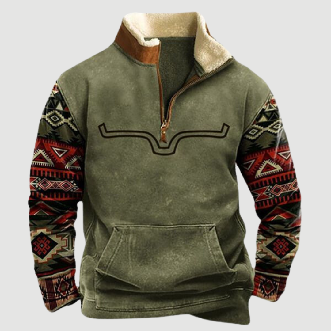 Retro men's vintage zip-up winter fleece jumper, classic long-sleeve style for cool weather.