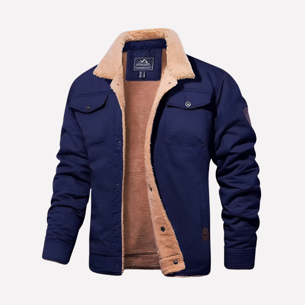 Men's warm button-front Sherpa jacket, perfect for winter and fall outerwear. Cozy, structured fit for everyday wear.