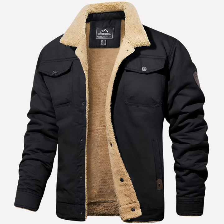 Stylish men's button-front Sherpa jacket in a structured fit. Ideal fall fashion & casual outerwear. Workwear style.