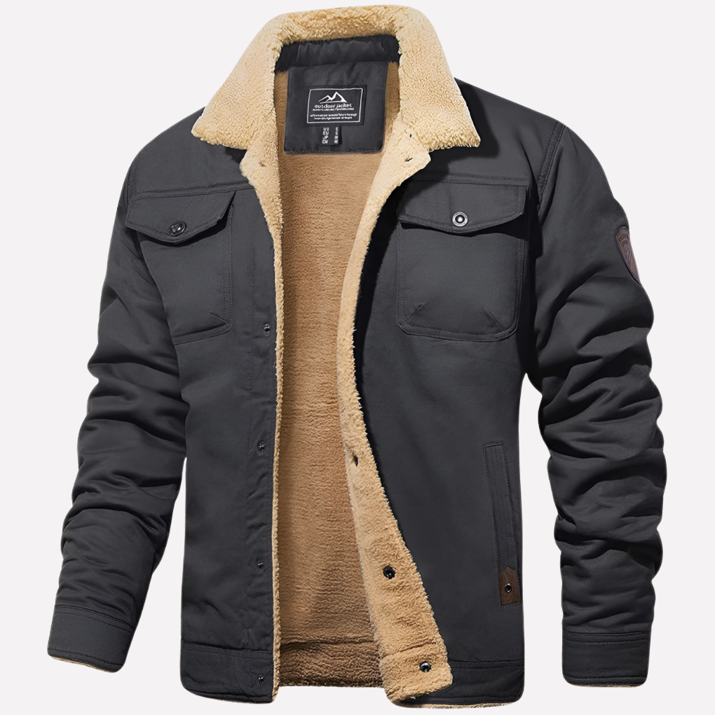 Cozy men's Sherpa jacket with a button-front closure. Warm outerwear for winter & fall, great for layering or everyday.
