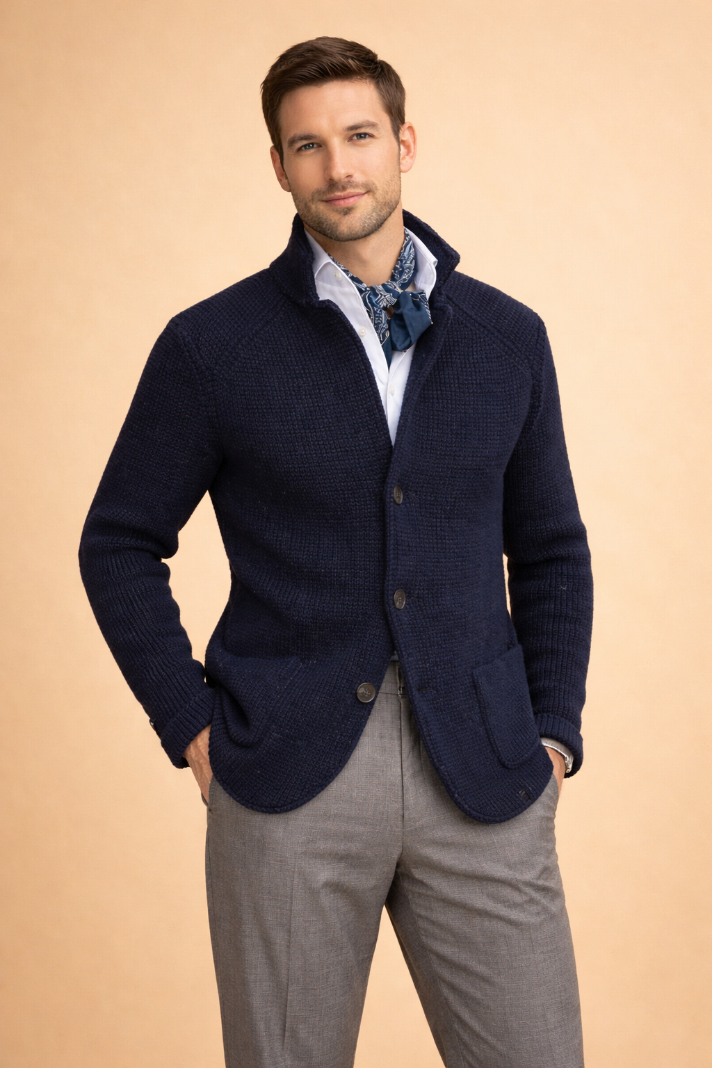 Men's warm button-up cardigan, ideal for a smart casual winter layer. Cozy knitwear.