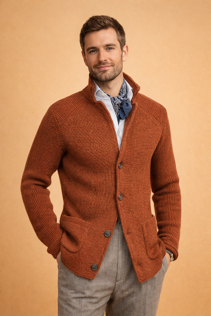 Men's cozy button-up cardigan sweater, a warm and fashionable top for everyday comfort.