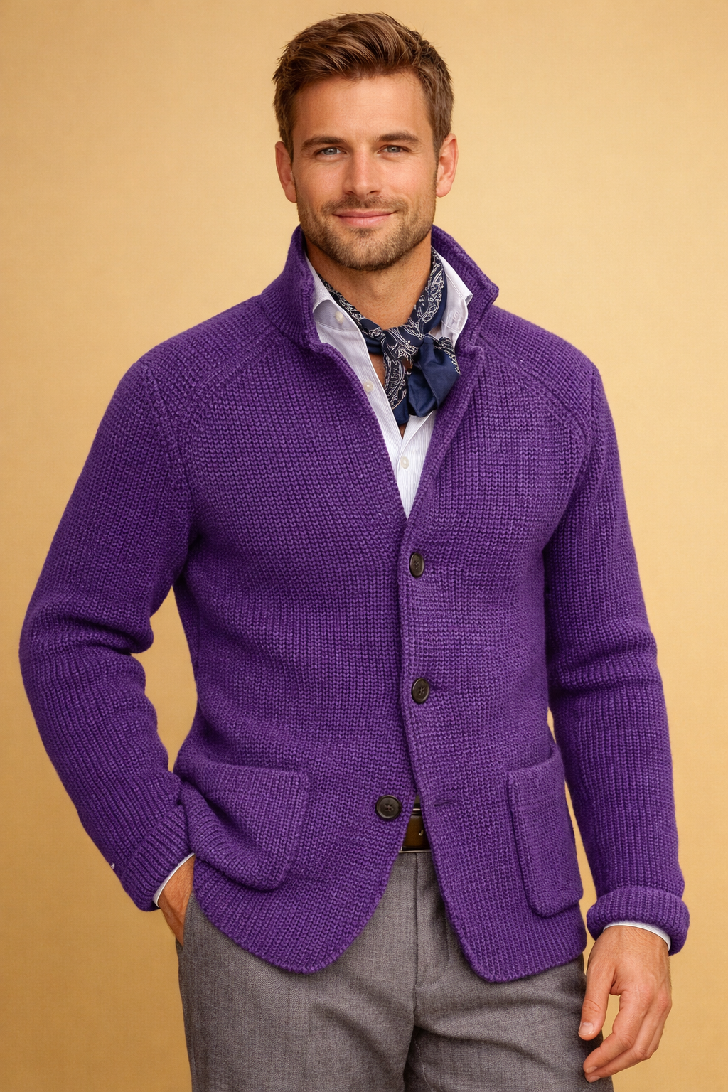 Warm men's button-up cardigan, a perfect knitwear layer for smart casual men's fashion.
