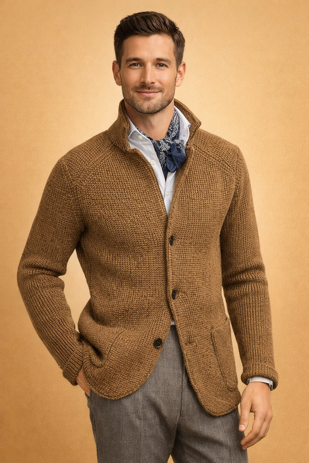 Men's comfortable long sleeve button-up cardigan, featuring classic style and a cozy feel.