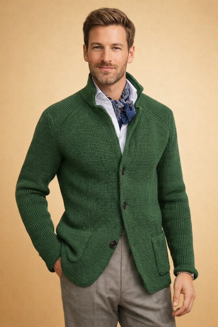 Sophisticated men's button-up knitwear cardigan, providing warmth and timeless winter style.