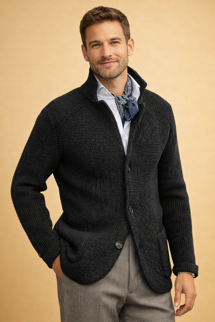 Classic men's long sleeve button-up cardigan in a comfortable knit, perfect for winter fashion.
