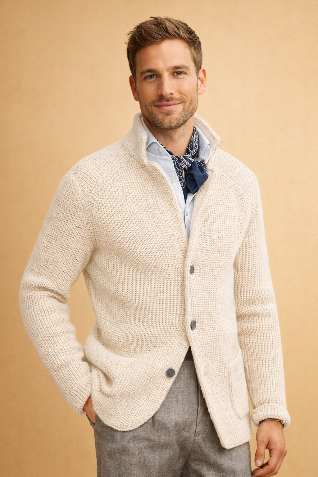 Stylish men's warm knitwear cardigan with buttons, offering timeless style and comfort.
