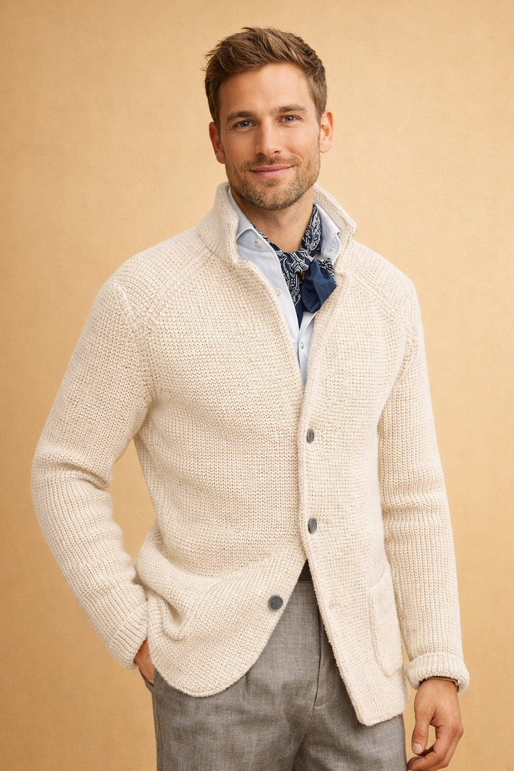Stylish men's warm knitwear cardigan with buttons, offering timeless style and comfort.