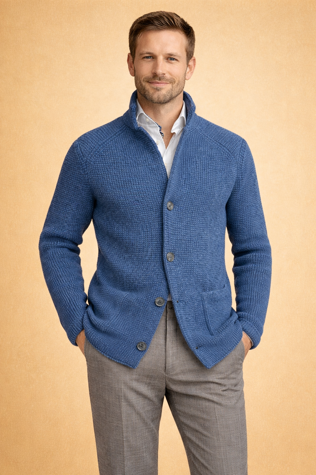 Comfortable men's button-up cardigan, a cozy long sleeve sweater for smart casual outfits.