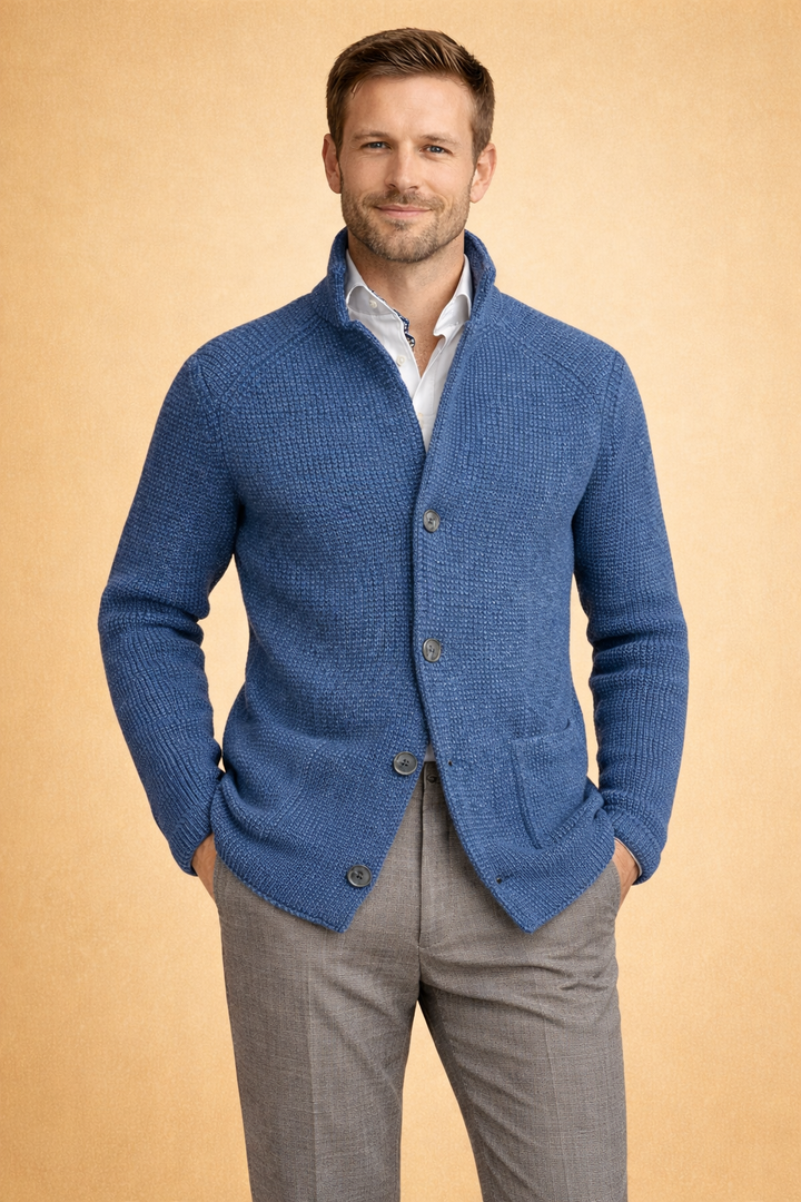 Comfortable men's button-up cardigan, a cozy long sleeve sweater for smart casual outfits.