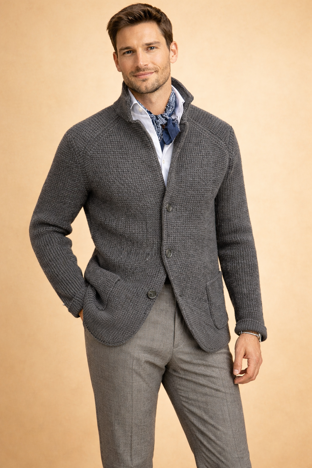 Men's classic button-up cardigan, a versatile and warm knitwear piece for any winter layer.