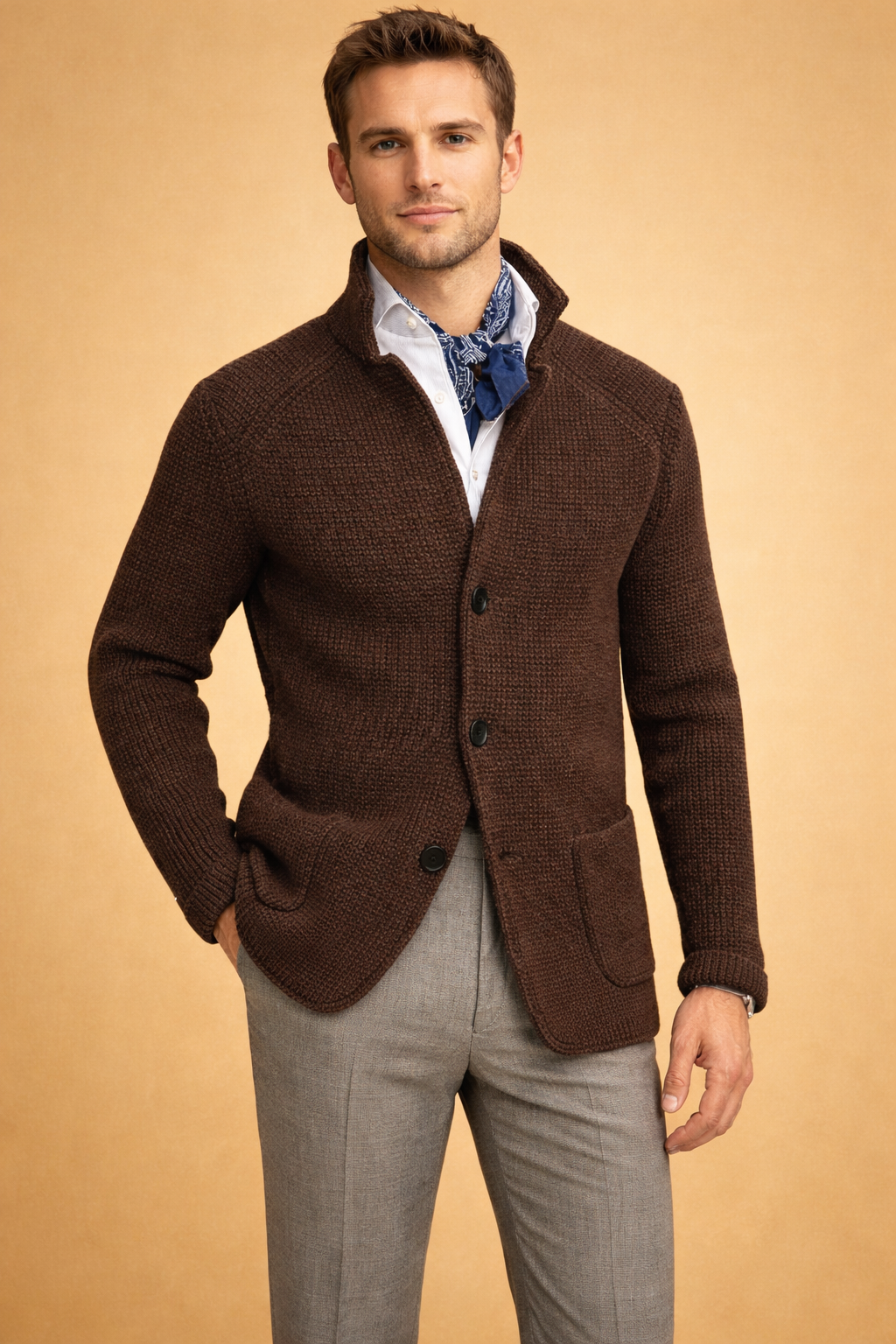 Close-up of a men's button-up cardigan, showcasing the quality knit and cozy fabric.
