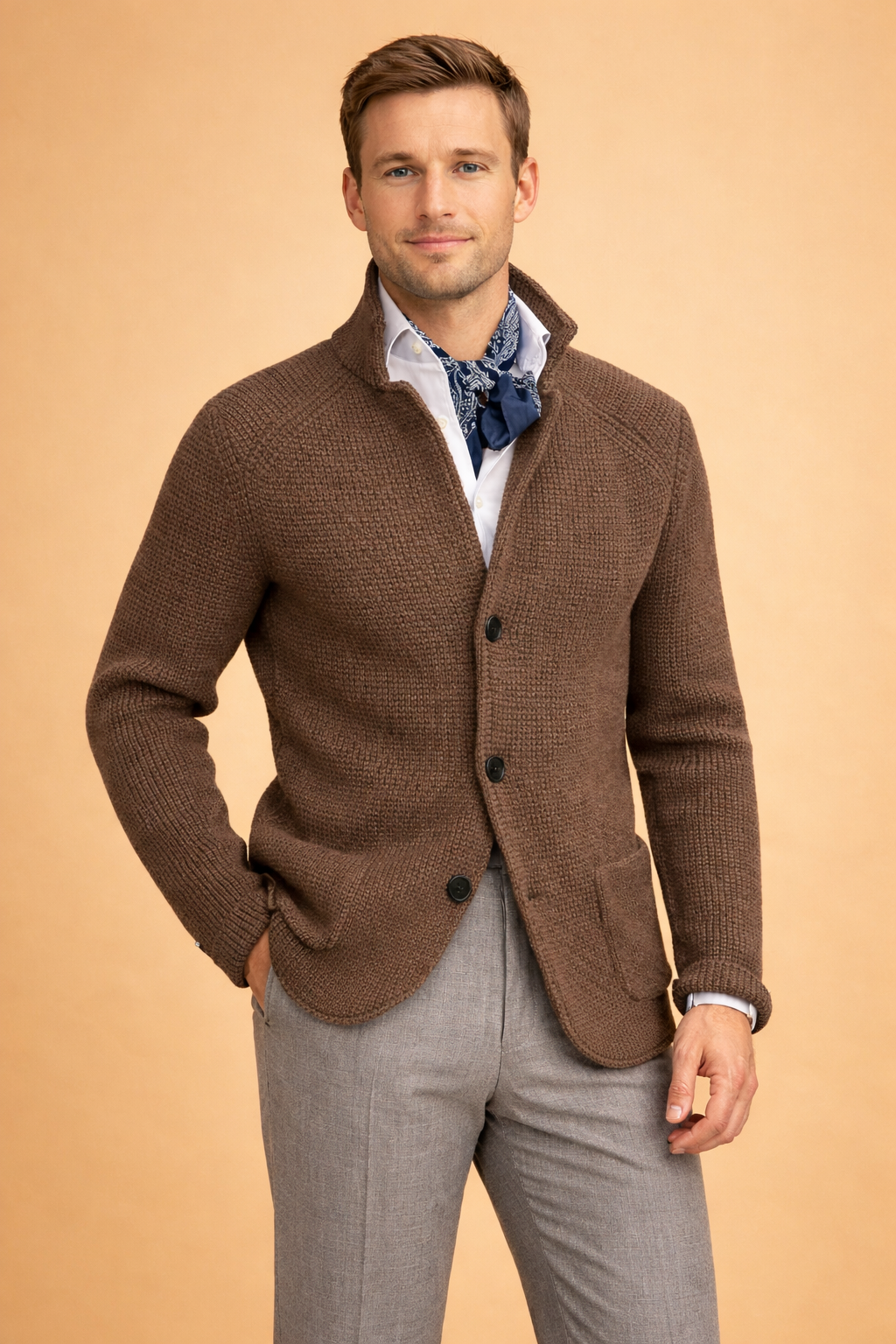 Men's warm button-up cardigan, styled as a sophisticated winter layer for smart casual wear.