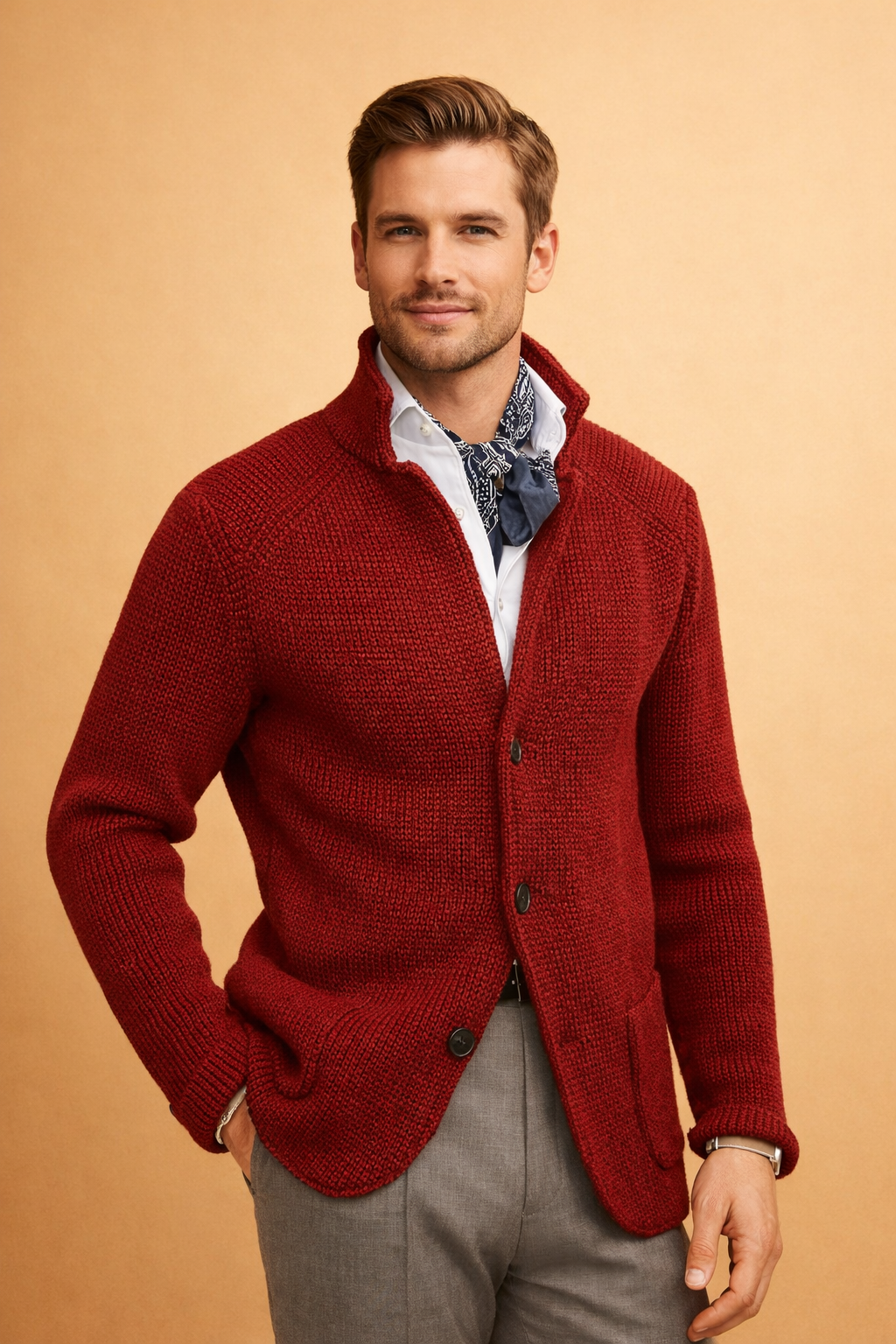 Timeless men's long sleeve button-up cardigan, essential for a cozy and fashionable winter.