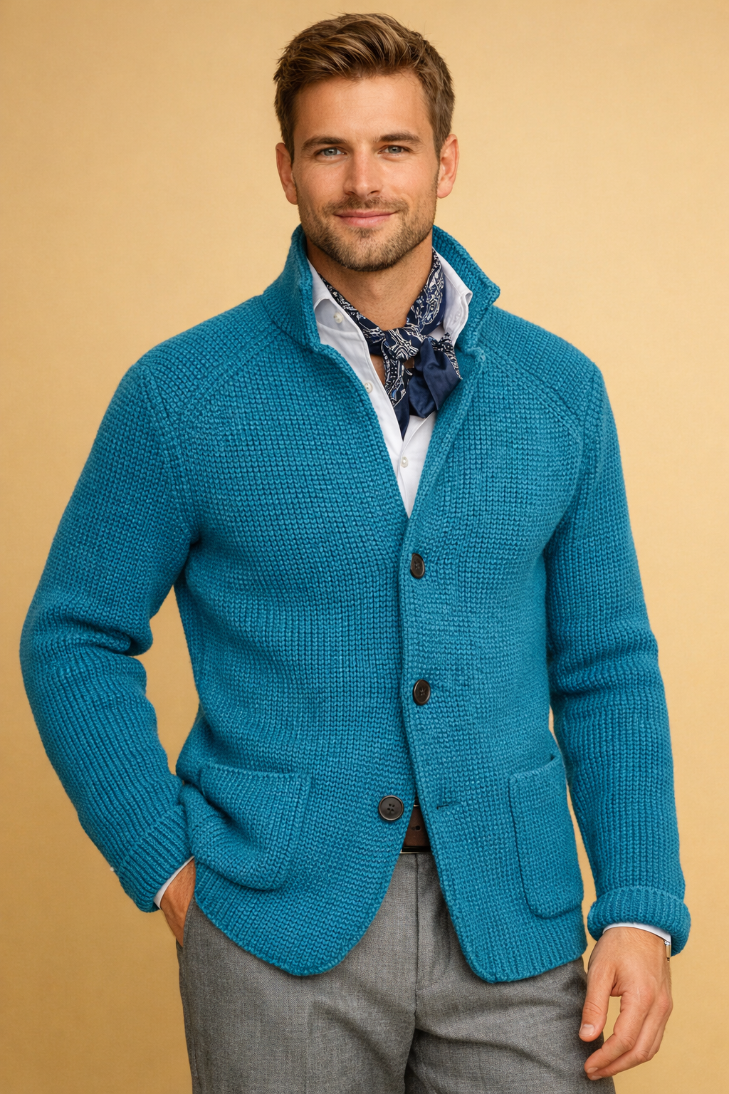 Elegant men's knitwear cardigan with button-up closure, perfect for a comfortable classic style.