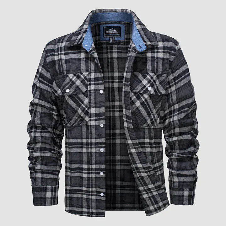 Men's warm flannel-lined plaid shirt, long sleeve button-down for cozy casual wear.