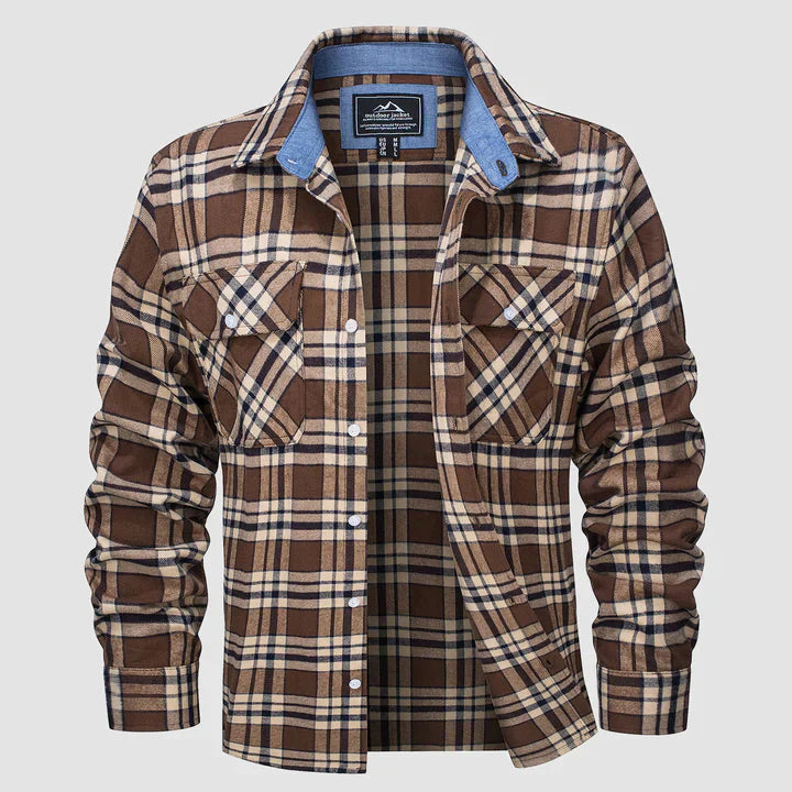 Cozy men's long sleeve plaid shirt with warm flannel lining, perfect casual button-down.