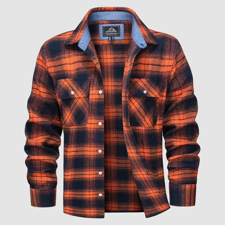 Men's casual plaid button-down shirt, warm lined for winter comfort and stylish look.