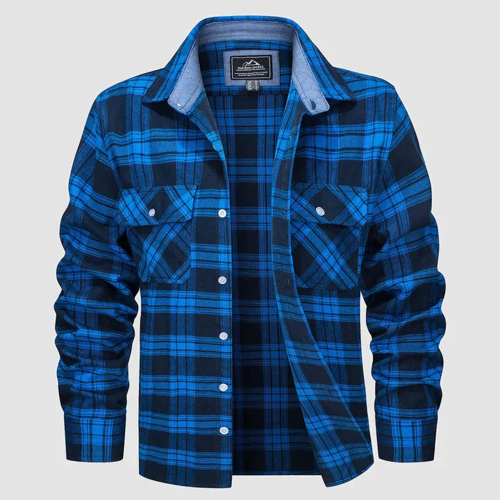 Warm & cozy men's plaid long sleeve shirt, flannel-lined button-down for casual style.