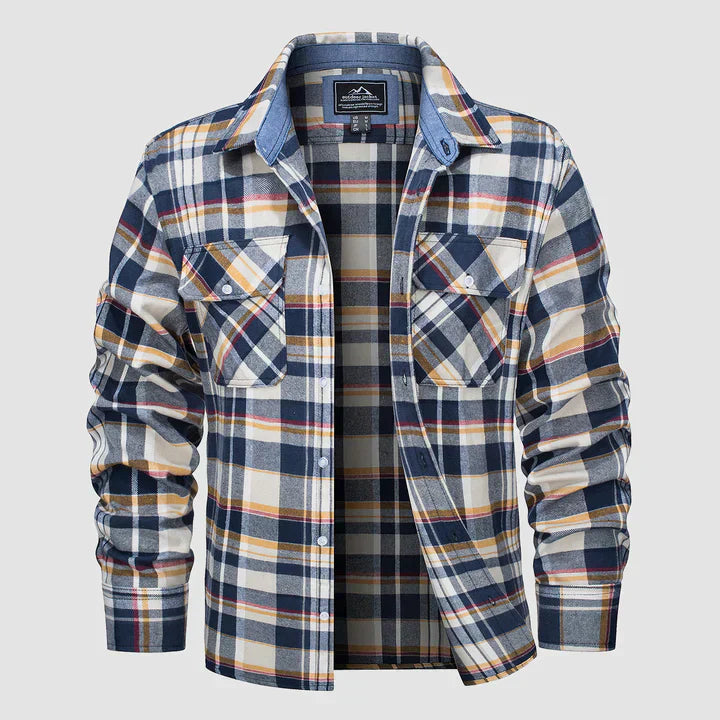 Flannel-lined men's plaid long sleeve shirt, warm and cozy button-down for casual style.