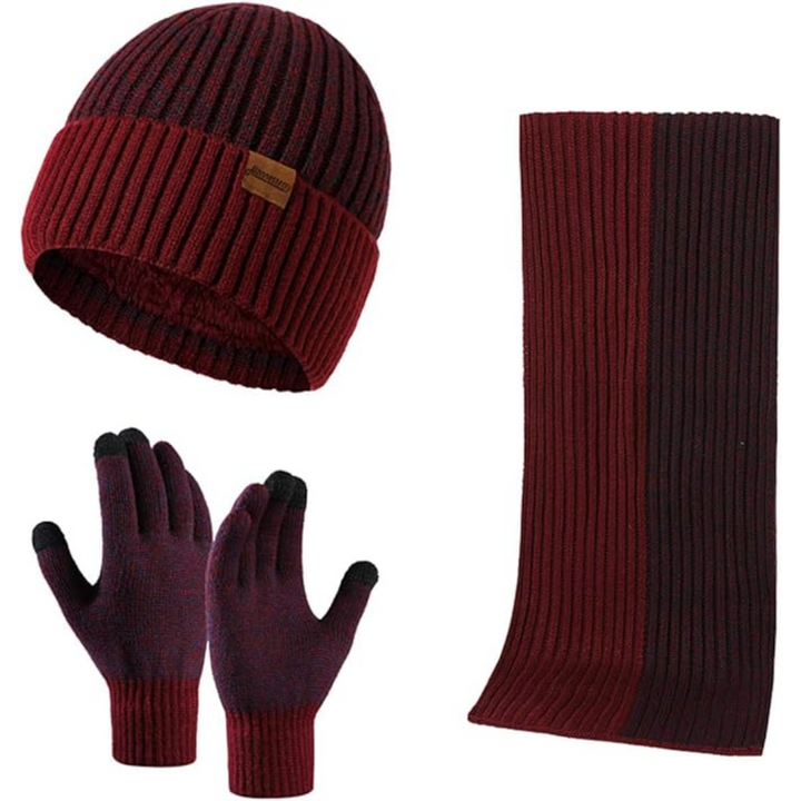 Men's warm knit beanie, scarf & touchscreen gloves set for ultimate winter comfort and style.