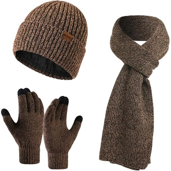 Men's cold weather thermal set: a snug beanie, long knit scarf & touchscreen gloves for warmth.