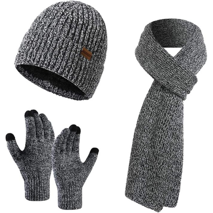 Men's winter accessory ensemble: warm knit beanie, soft scarf & touchscreen gloves.