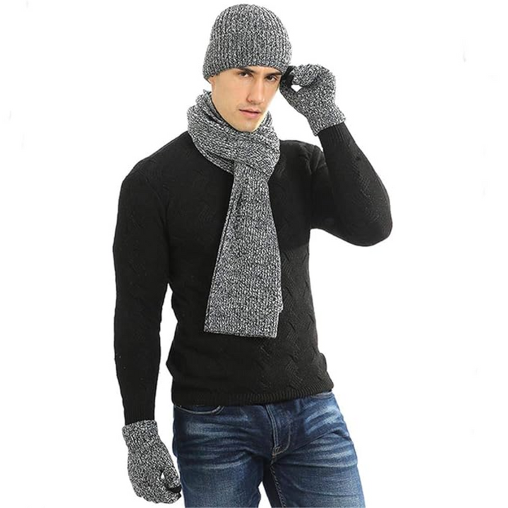 Keep warm: men's winter set featuring a knit beanie, cozy scarf & touchscreen gloves.