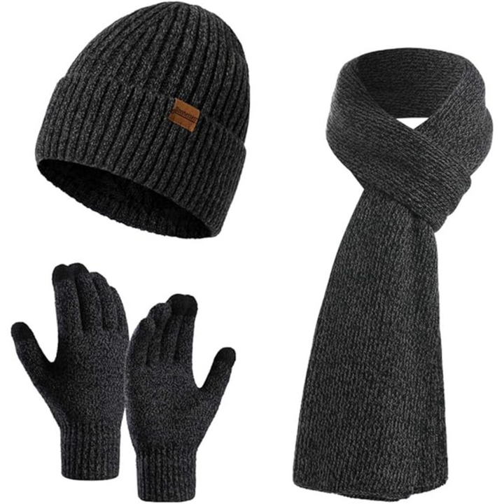 Complete men's knit winter set with a comfortable beanie, warm scarf & practical touchscreen gloves.