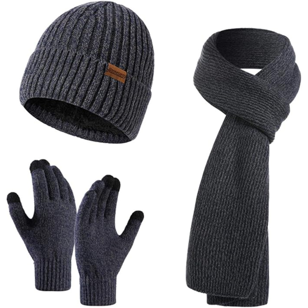Men's stylish winter set: a warm beanie, cozy scarf & touchscreen gloves for modern comfort.