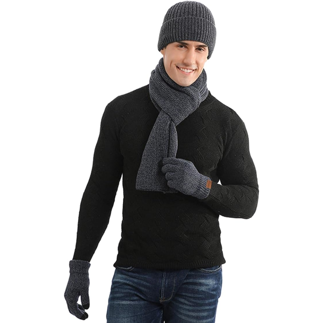 Ultimate men's winter comfort: knit beanie, soft warm scarf & touchscreen gloves set.