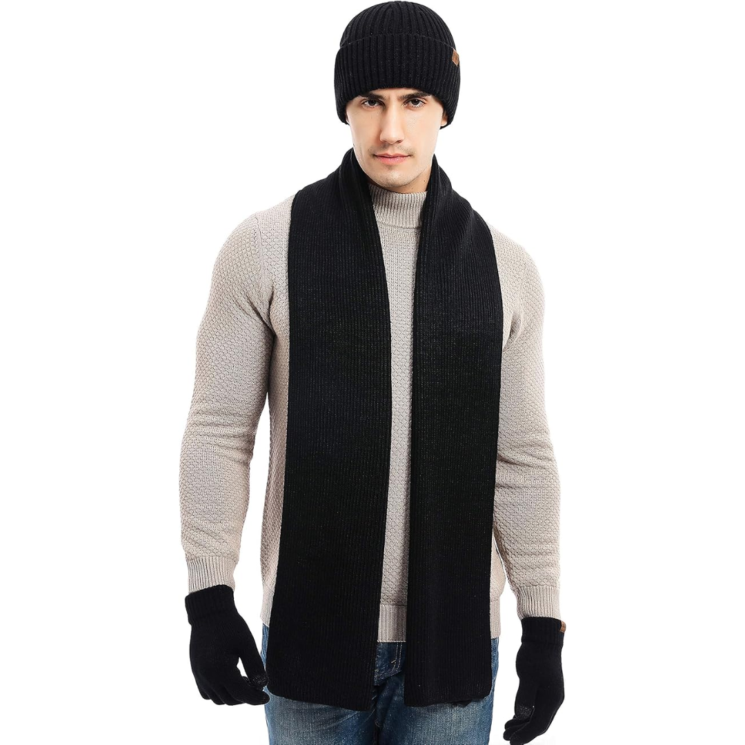 Men's versatile winter accessory set: warm beanie, soft knit scarf & durable gloves.