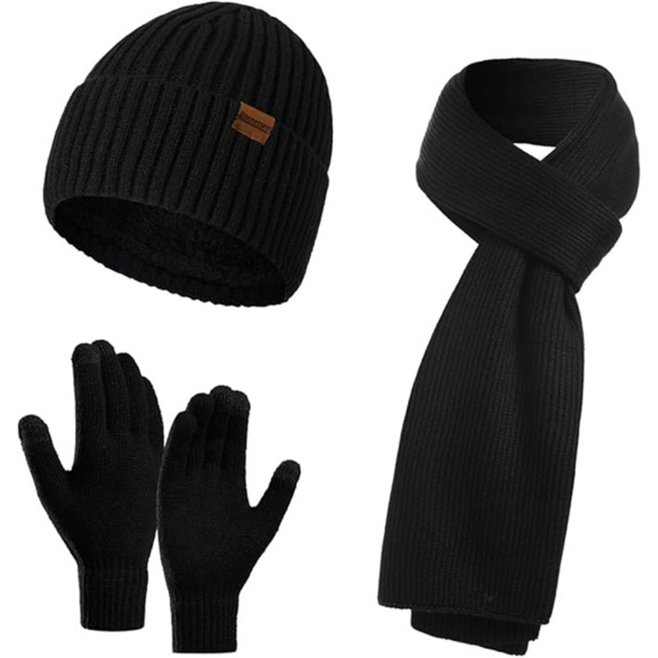Stay warm with this men's winter set: knit beanie, long scarf & touchscreen gloves.
