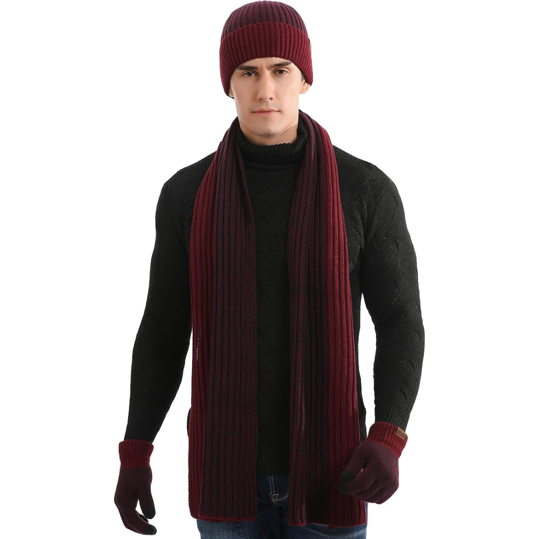 Stylish men's 3-piece winter set: cozy beanie hat, warm scarf & touchscreen gloves.