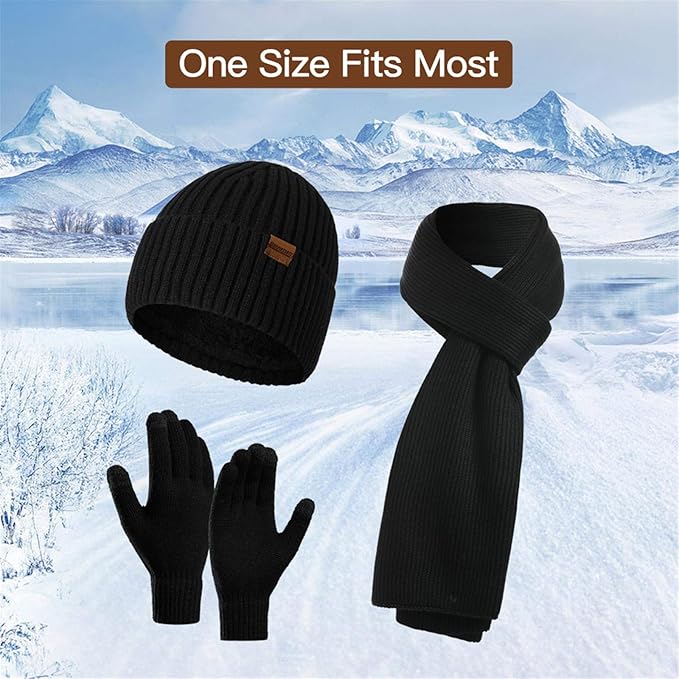 High-quality men's knit winter set: beanie, scarf & gloves, perfect for outdoor activities.