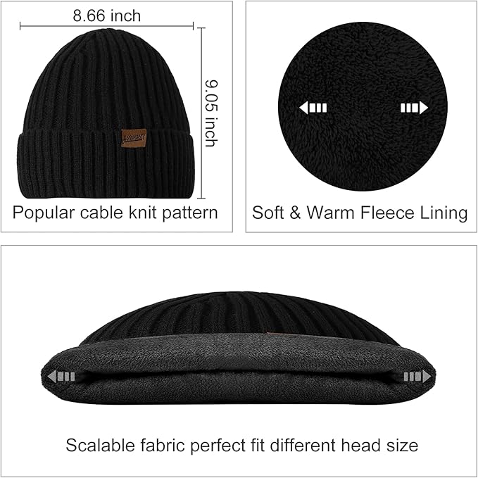 Men's warm winter fashion set: a stylish beanie, knit scarf & touchscreen gloves.