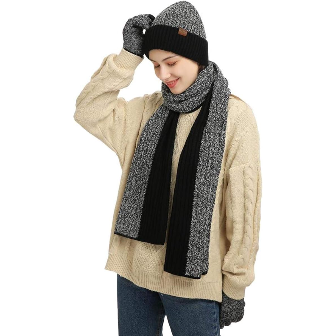Men's cold weather protection: complete knit set with a warm beanie, cozy scarf & gloves.