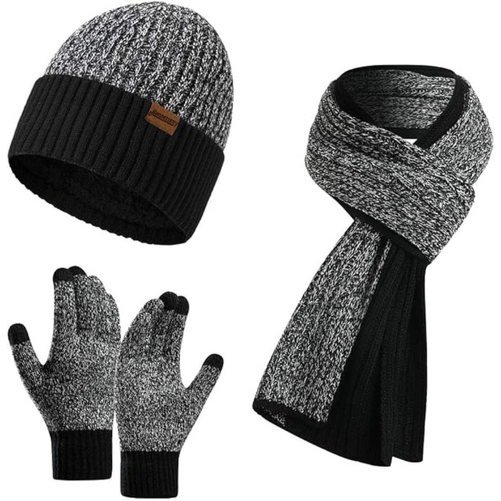 Thoughtful gift for him: men's warm knit winter beanie, scarf & touchscreen gloves set.