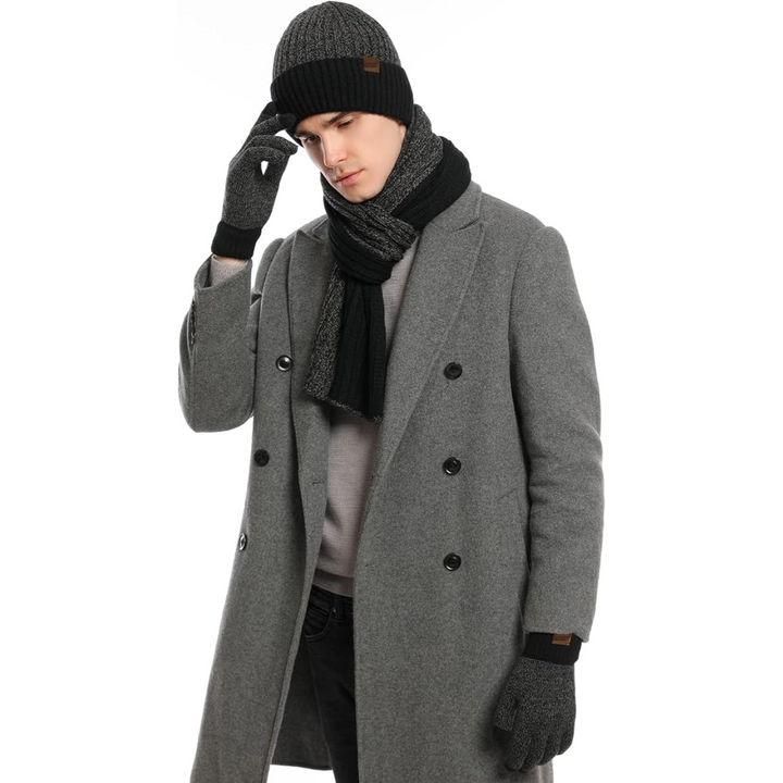 Complete men's winter accessory set featuring a knit beanie, soft scarf & practical gloves.
