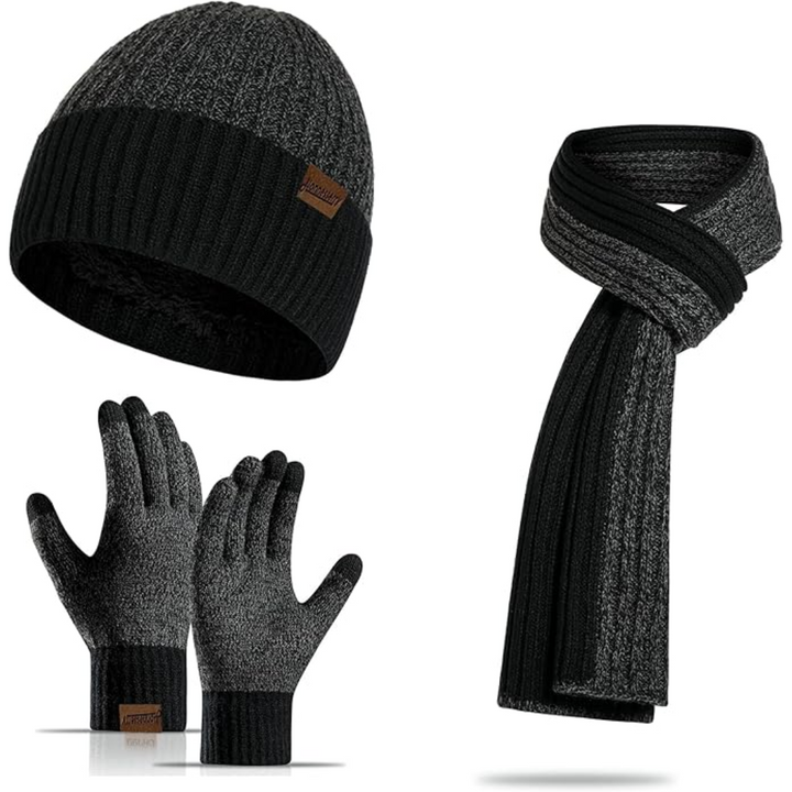 Knit men's cold weather set with comfortable beanie, long scarf & touchscreen-compatible gloves.