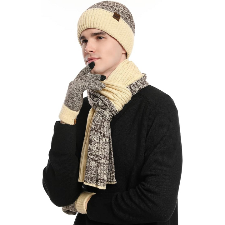 Victor men's warm knit winter set: beanie hat, versatile scarf & durable gloves for protection.