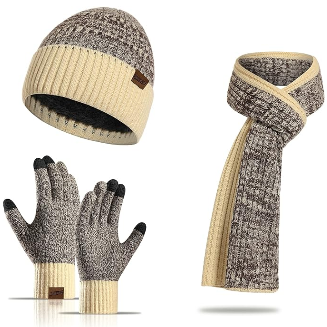Soft knit men's winter beanie, matching scarf & gloves – essential cold weather gear for him.