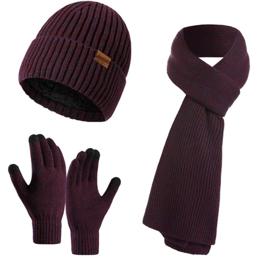 Men's fashion winter set: a warm beanie, stylish scarf & touchscreen knit gloves.