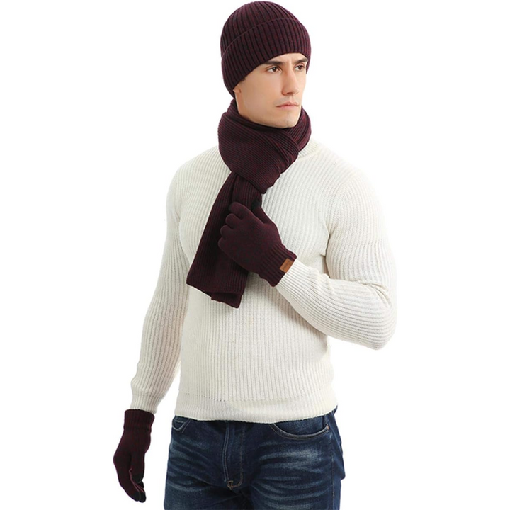 Gift for him: a complete men's warm winter set including a beanie, scarf & durable gloves.