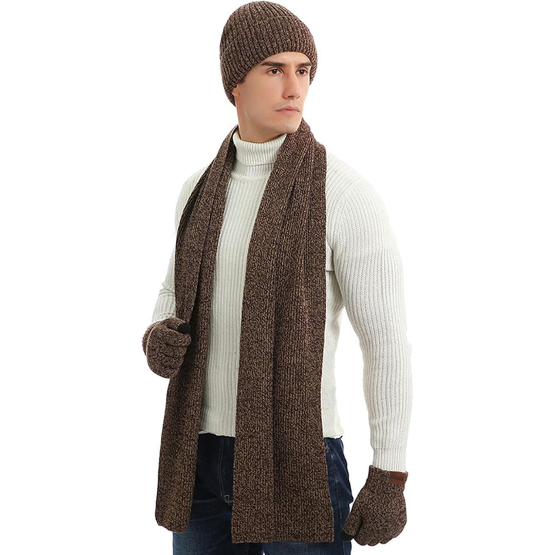 Cozy men's knit winter set with a warm beanie hat, modern scarf & comfortable gloves.