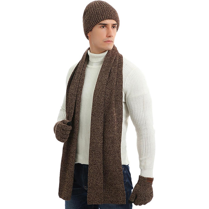 Cozy men's knit winter set with a warm beanie hat, modern scarf & comfortable gloves.