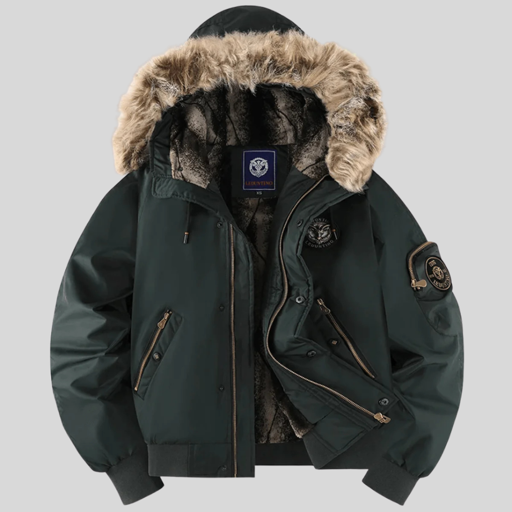 Men's warm padded bomber jacket with faux-fur hood. Essential winter outerwear for casual style.