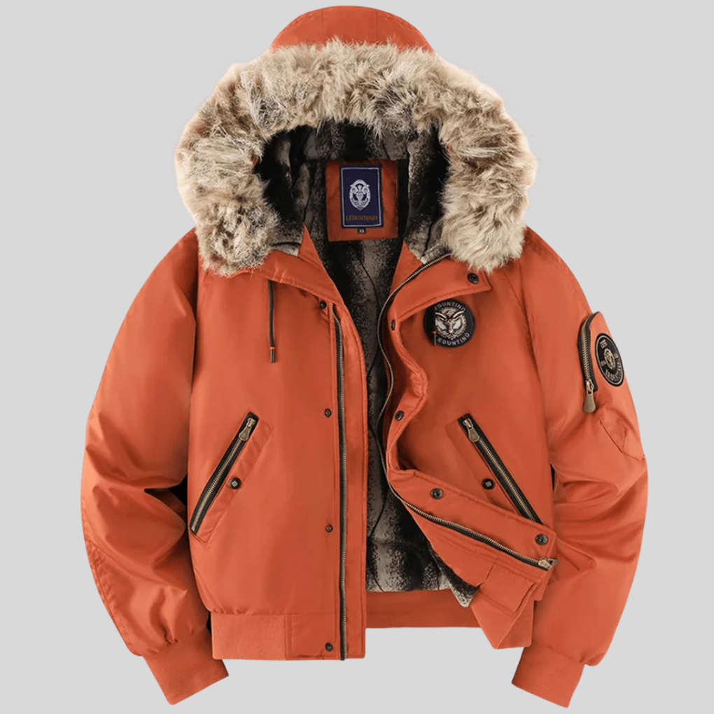 Stylish men's padded bomber jacket, featuring a cozy faux-fur hood. Perfect for cold weather streetwear.