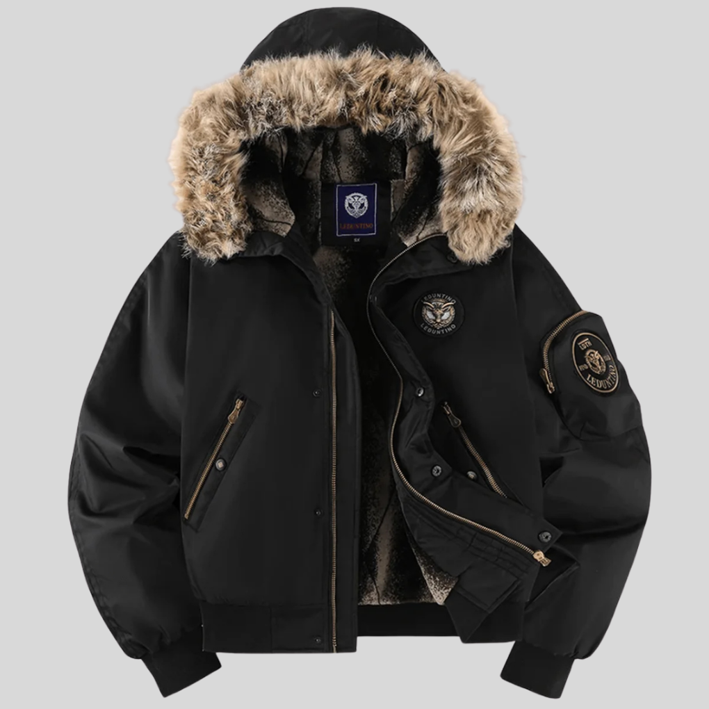 Durable men's winter bomber jacket with a plush faux-fur hood. Provides warmth and a modern casual look.